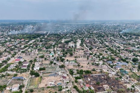 Aerial view of Oleshky on 22 September with smoke rising into the sky in the wake of an explosion.