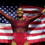 Skye Blakely celebrates after winning the women’s all-around title at the World Gymnastics Championships in Rotterdam on Friday.