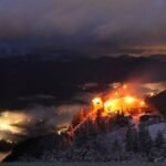 A still from a video of the fire sweeping through mountain guesthouse Kehlsteinhaus, formerly Adolf Hitler's Eagle’s Nest retreat